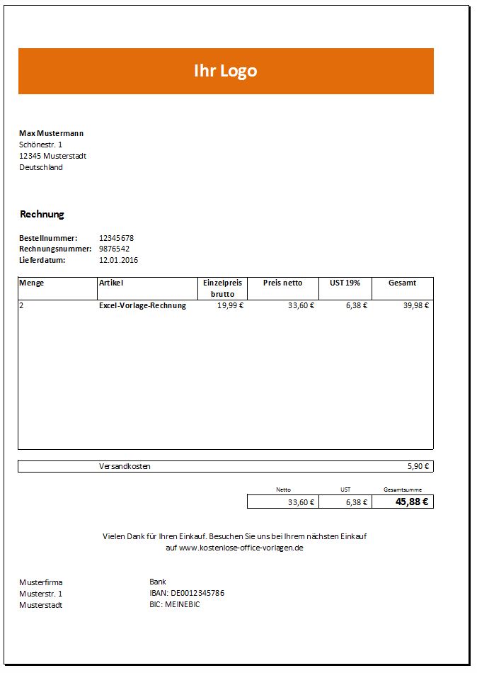 Rechnung Vorlage Excel | Kostenlose Office Vorlagen