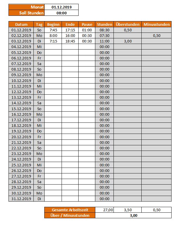 Arbeitszeitnachweis Excel Vorlage