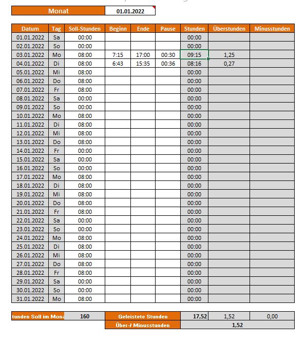 Arbeitszeiterfassung 2022 Excel Vorlage - Kostenlose Office Vorlagen