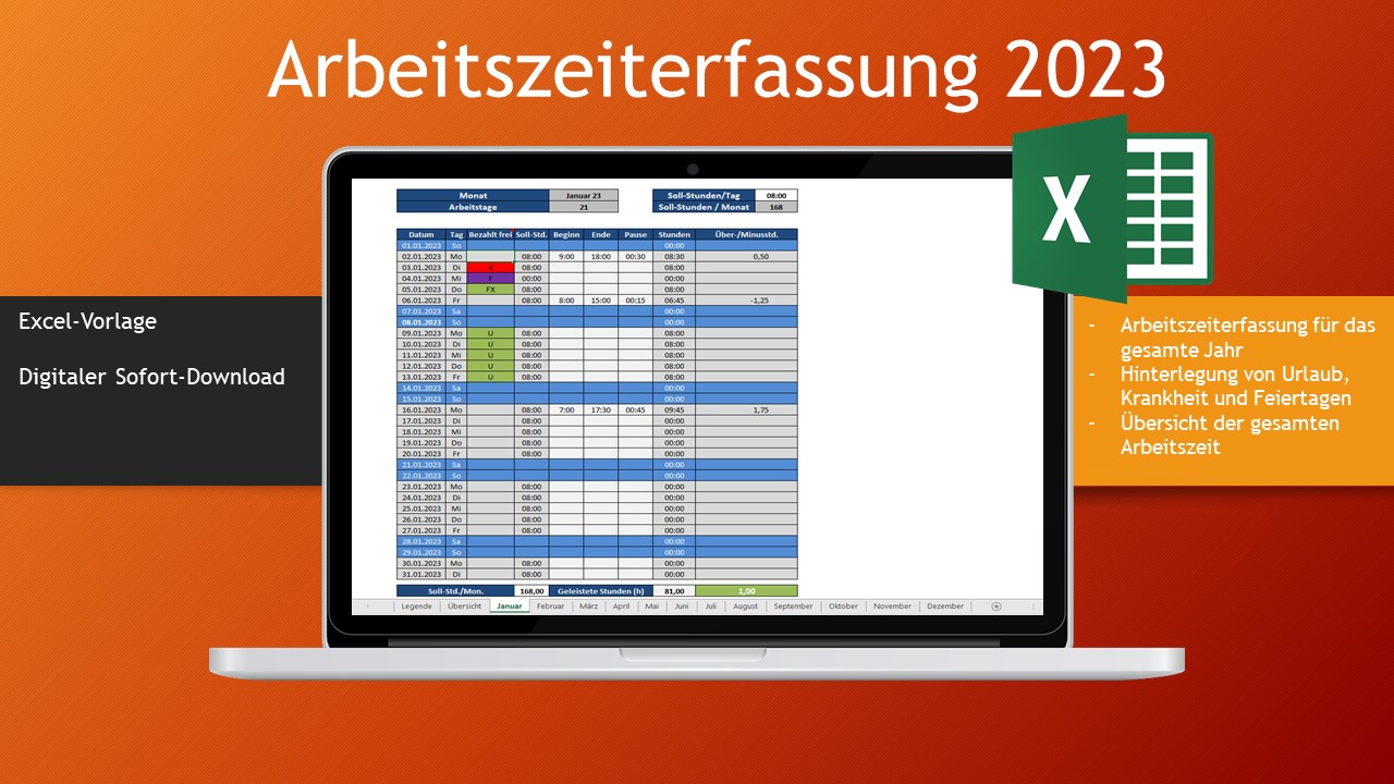 Arbeitszeiterfassung 2023 - Excel Vorlage - Kostenlose Office Vorlagen